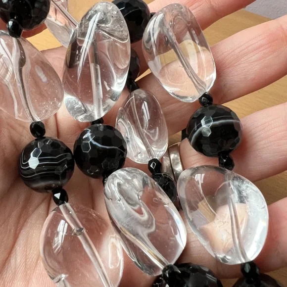 HUGE VINTAGE ROCK CRYSTAL & BANDED AGATE FACETED BEADS LONG CUSTOM MADE NECKLACE